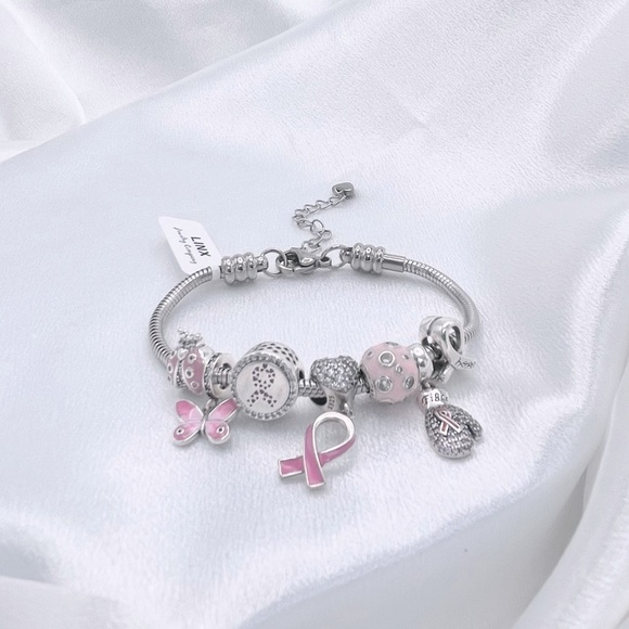 Linx Stainless Steel charm bracelet with extender and Breast Cancer Charms - Picture 1 of 12